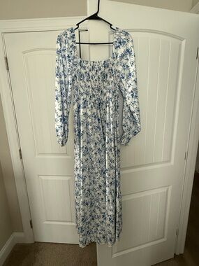 White Maxi Dress with Blue Floral Print